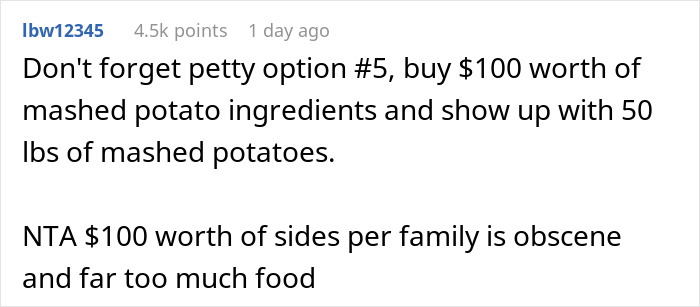 Comment suggesting buying expensive mashed potato ingredients but refusing to bring expensive food for Thanksgiving gatherings.