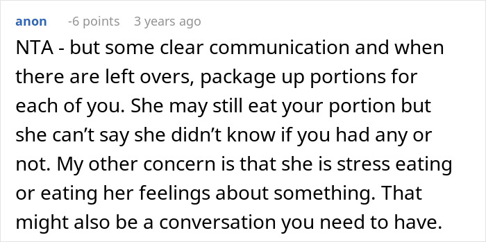Comment discussing communication and stress eating related to eating leftovers and weight gain concerns in a relationship.