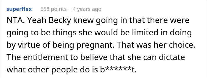 Screenshot of an online discussion where a user comments on entitlement related to pregnancy complaints.