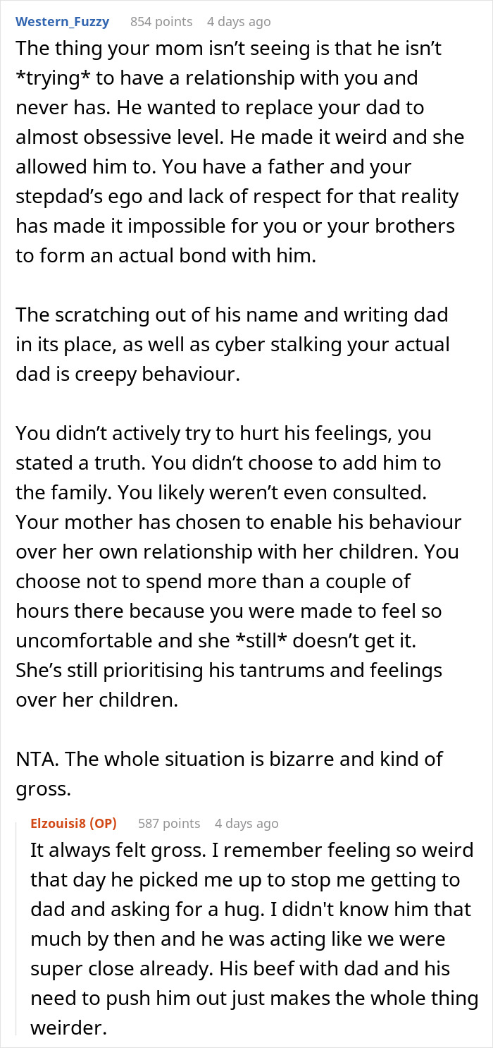 Reddit text discussion about stepdad trying to displace kids&rsquo; bio dad and the resulting family tensions.
