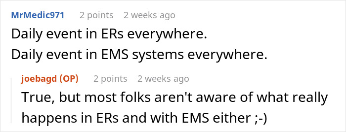 Text conversation showing comments about common conflicts in ERs and EMS with a Karen patient trying to impose rules.