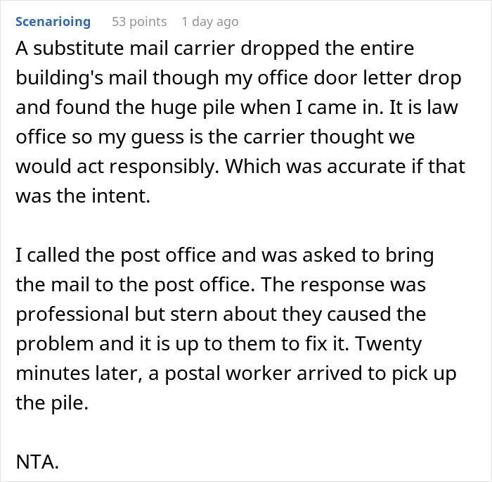 Alt text: Reddit comment describing a substitute mail carrier delivering a large pile of misdirected mail and postal worker resolving it.