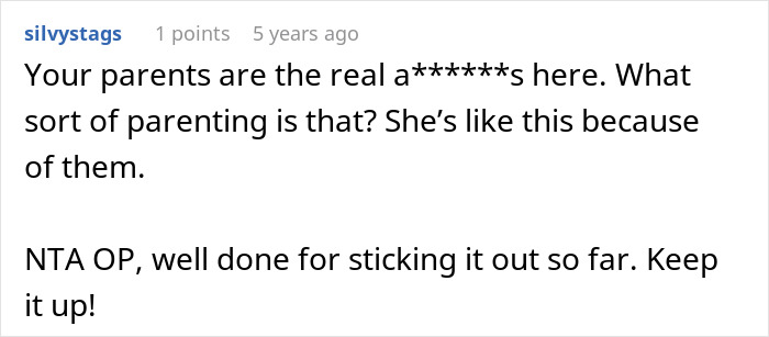 Comment discussing parents demanding a woman give up a career opportunity for a spoiled golden-child sister.