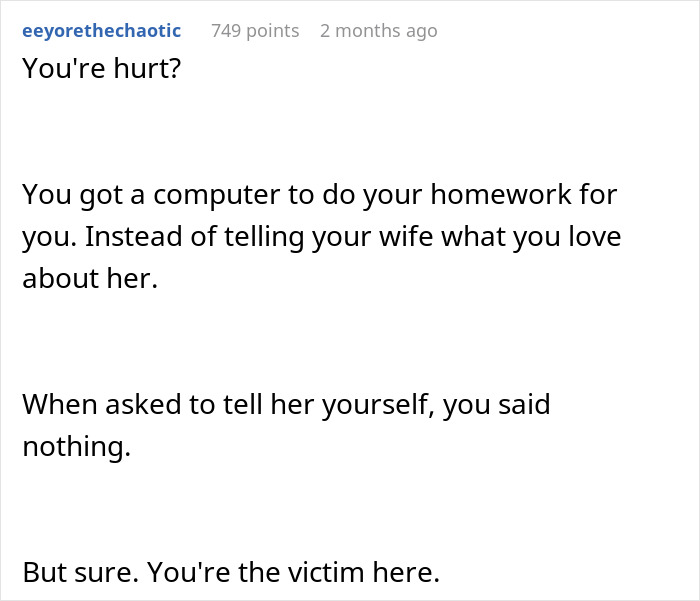 Comment criticizing a man for using AI to write wedding vows instead of expressing love to his bride himself.