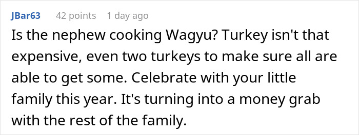 Comment discussing refusing to bring expensive food for Thanksgiving and concerns about family money issues.