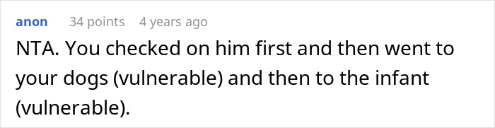 Screenshot of a forum comment discussing a nurse girlfriend prioritizing dogs and a baby during a car crash situation.