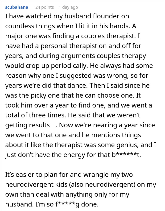 Woman stops treating husband like a kid, struggles with couples therapy and managing family challenges causing chaos in their relationship.