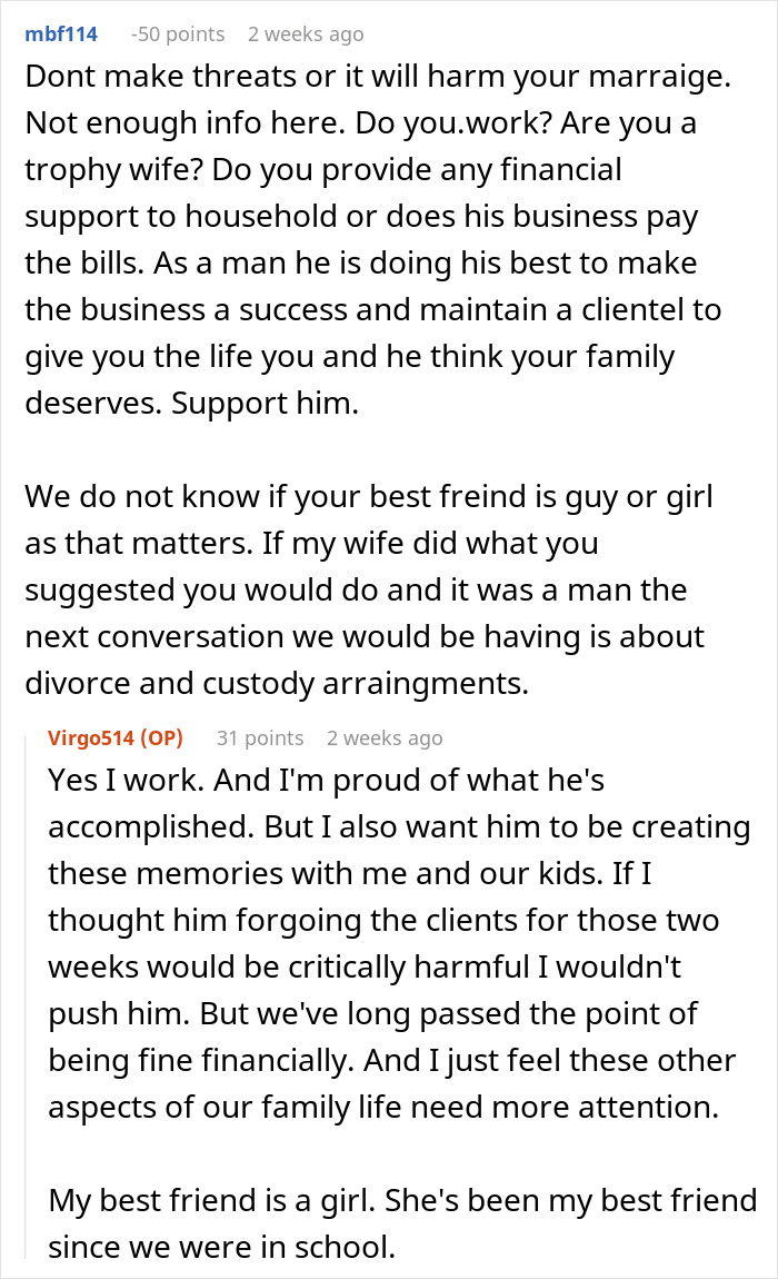 Couple arguing during family vacation as husband prioritizes business and wife considers solo trip ultimatum.