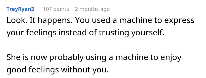 Commenter TreyRyan3 discussing the consequences of using AI to write wedding vows instead of personal feelings.