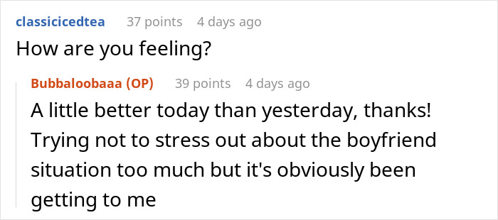 Screenshot of an online conversation where a girlfriend feels neglected after surgery, reflecting on needing a boyfriend upgrade.