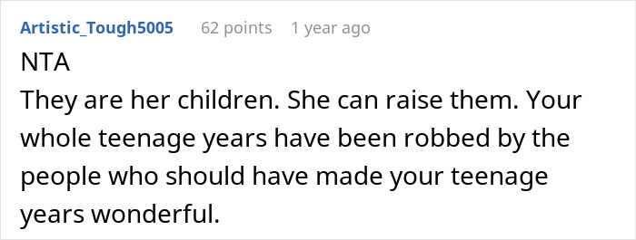 Screenshot of a Reddit comment discussing a teen refusing to babysit step-siblings, highlighting family responsibility conflict.