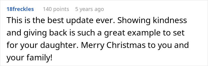 Screenshot of an online comment highlighting kindness and giving back as important Christmas values for a daughter&rsquo;s example.