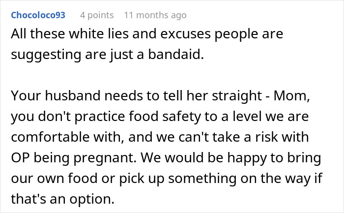Comment discussing concerns about MIL&rsquo;s cooking hazards and food safety risks for a pregnant woman during Thanksgiving.