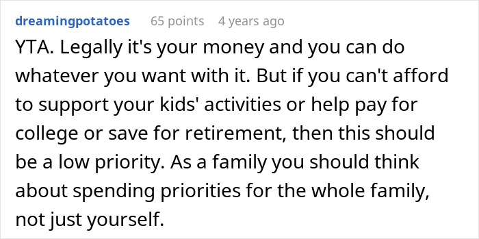 Reddit comment discussing choosing nose job over kids college funds and family spending priorities.