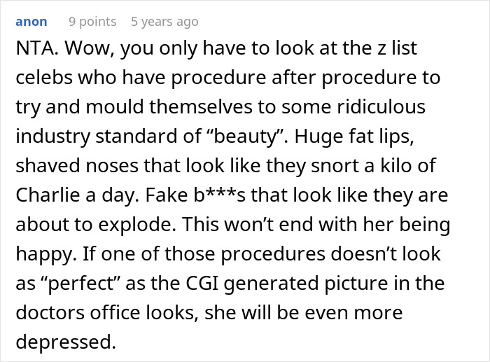 Screenshot of an online forum discussion about a woman questioning her sister&rsquo;s $4k plastic surgery request amid body dysmorphia concerns.