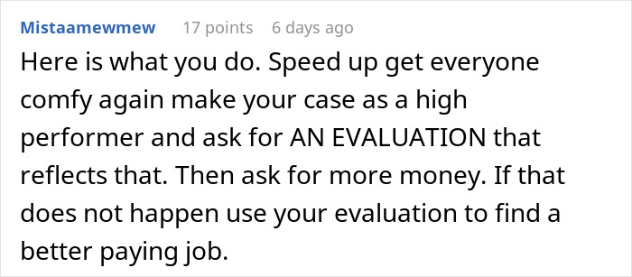 Comment advising speeding up work, requesting evaluation and higher pay, or finding a better job to avoid overworking.