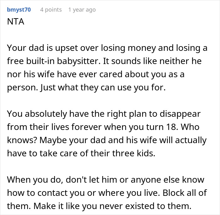 Comment discussing a teen&rsquo;s decision to stop babysitting step-siblings and the dad&rsquo;s upset reaction.