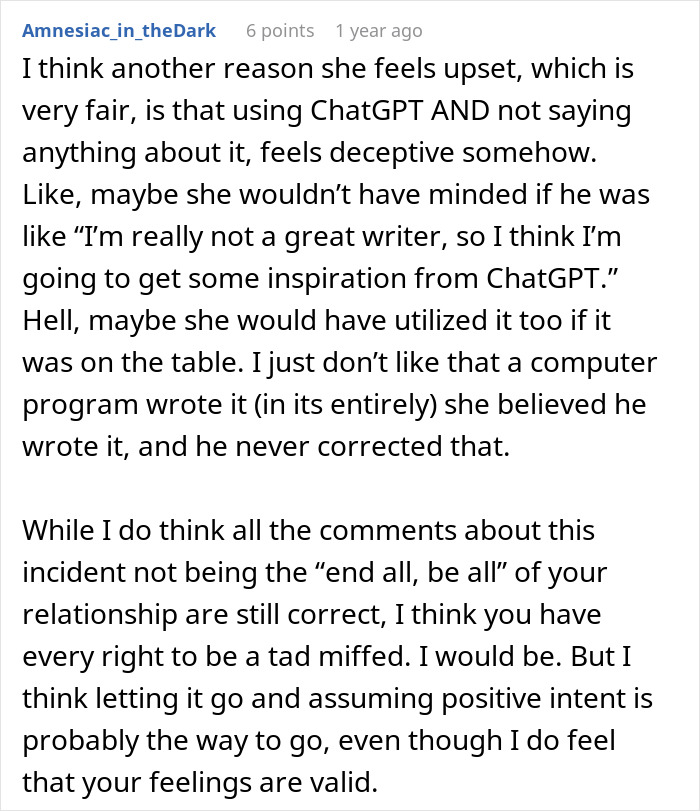 Comment discussing feelings about groom’s vows written by AI and the emotional impact on the wife after finding out. Comment discussing feelings about groom’s vows written by AI and the emotional impact on the wife after finding out.