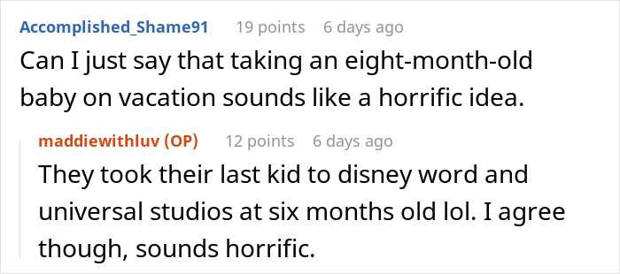 Screenshot of a Reddit conversation discussing a family conflict involving kids and a childfree cousin on vacation.
