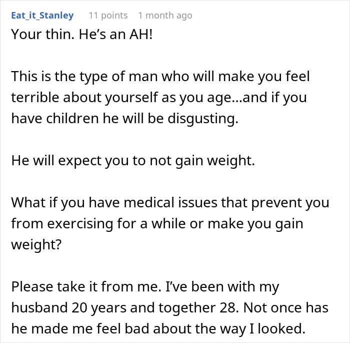 Comment discussing a man requiring his girlfriend to return to her previous weight, focusing on weight and relationship pressures. Comment discussing a man requiring his girlfriend to return to her previous weight, focusing on weight and relationship pressures.