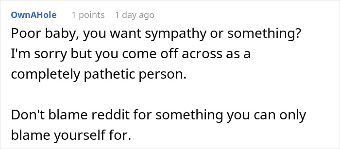 Reddit comment criticizing someone for seeking sympathy after a wedding vows mishap involving AI use.