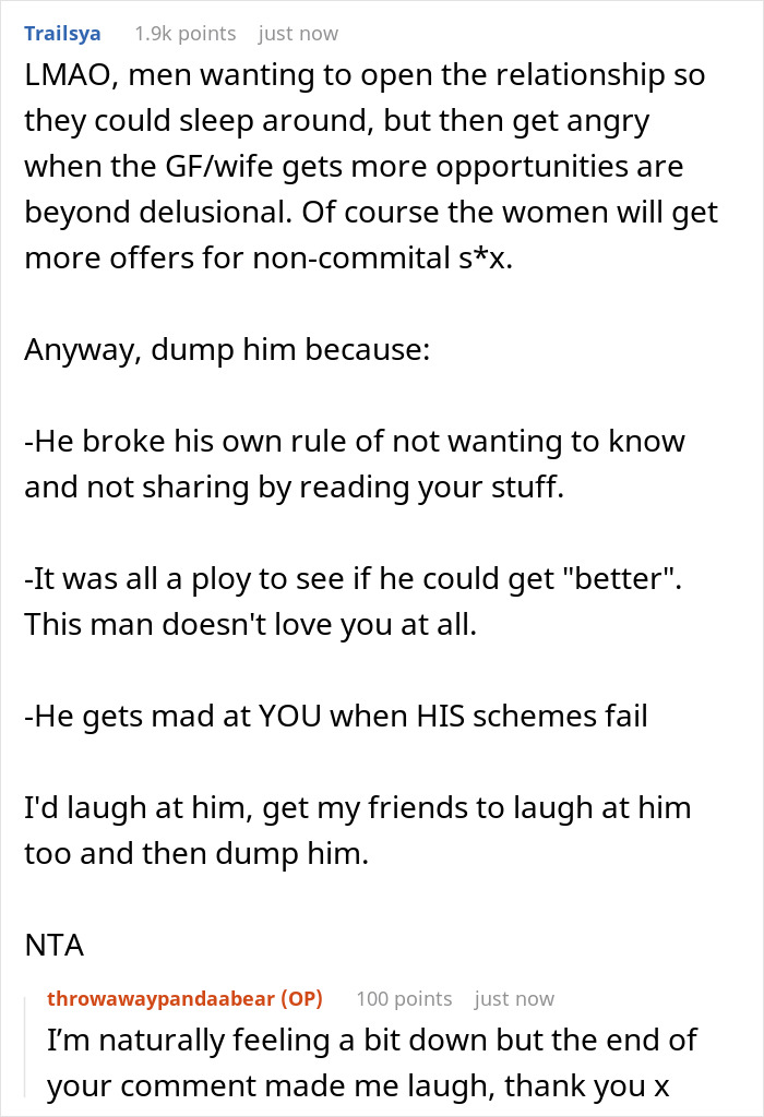 Screenshot of a Reddit conversation discussing a boyfriend opening relationship but getting no dates and relationship trust issues. Screenshot of a Reddit conversation discussing a boyfriend opening relationship but getting no dates and relationship trust issues.