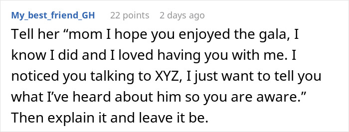 Comment advising a teen on how to warn his recently divorced mom about a known womanizer discreetly.