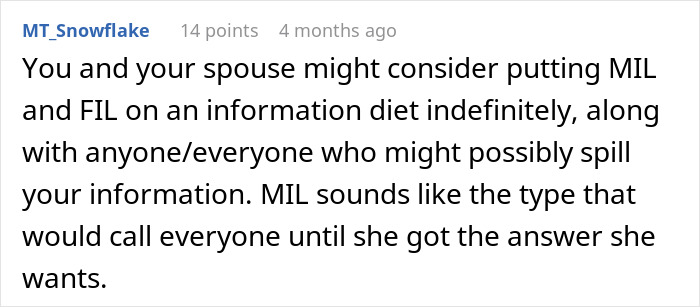 Comment discussing MIL behavior and advice on managing mother-in-law during couple&rsquo;s vacation, highlighting information control.