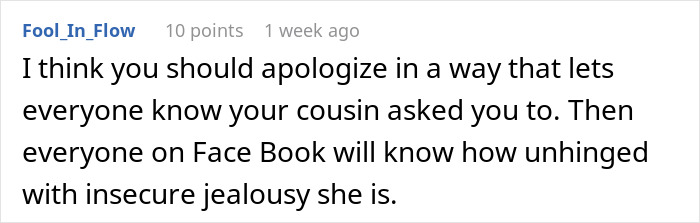 User comment about apologizing while highlighting cousin&rsquo;s unhinged behavior shows bride mad cousin dress wedding tensions.