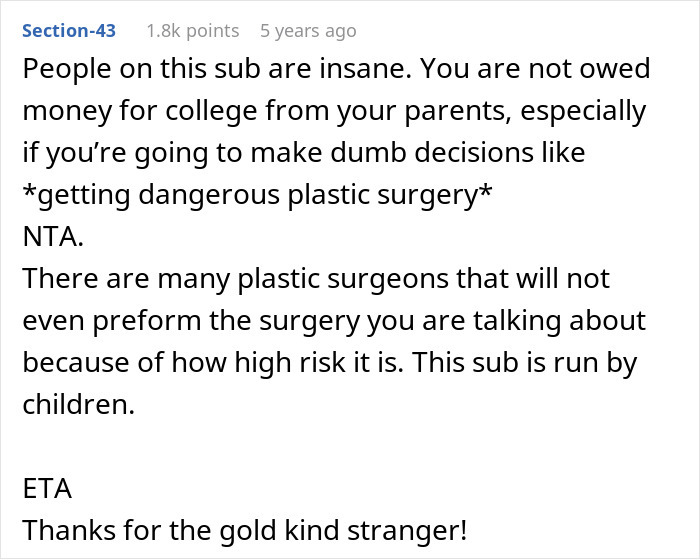 Reddit comment criticizing an 18-year-old wanting a BBL from grandpa&rsquo;s inheritance while dad refuses to pay for college.