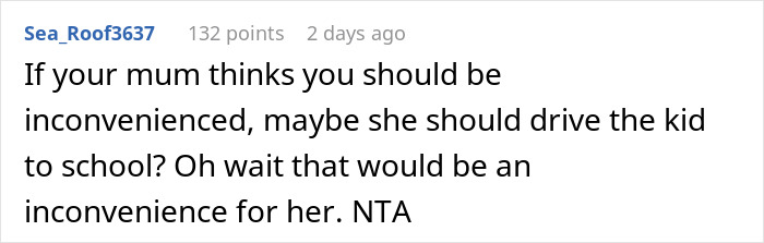 Screenshot of an online comment discussing a woman refusing to take her niece to school, causing family tension.