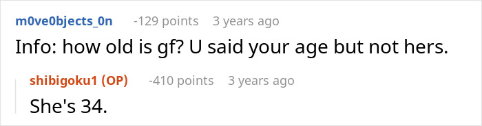 Screenshot of a Reddit conversation where a user asks about the girlfriend&rsquo;s age and the OP replies she is 34.