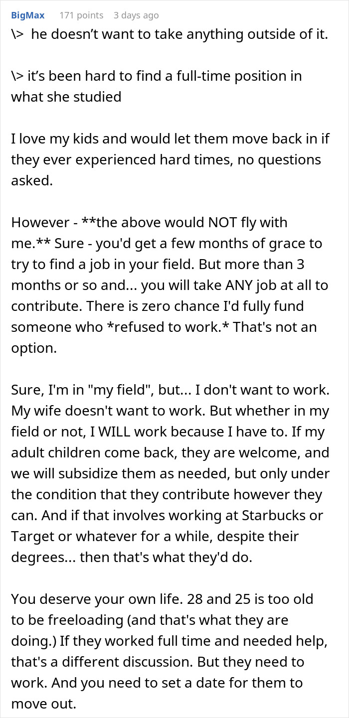 Comment discussing husband retirement, children moving back, and managing family finances with work expectations.