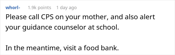 Screenshot of a Reddit comment advising to call CPS and visit a food bank after mom retires from parenting.