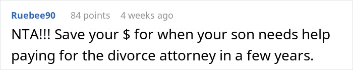 Comment emphasizing saving money for divorce attorney fees amid future daughter-in-law&rsquo;s expensive wedding and wealthy in-laws&rsquo; prenup request.