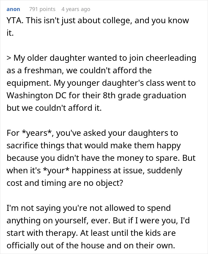 Comment from anon highlighting financial sacrifice and fairness in choosing a nose job over kids college funds debate.