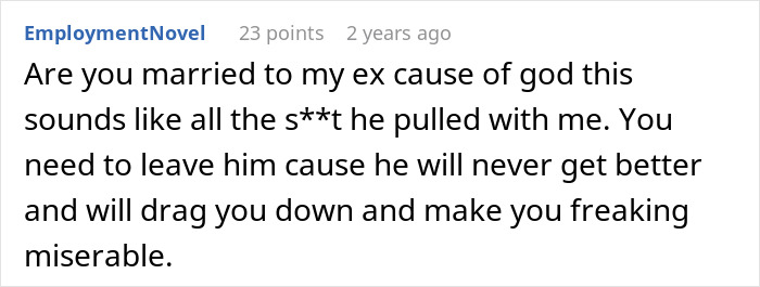 Screenshot of a Reddit comment warning about a man lying about his master&rsquo;s degree and causing relationship issues.