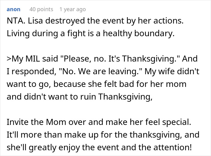 Comment discussing husband dragging wife and kids from Thanksgiving after sister&rsquo;s major tantrum during celebration.