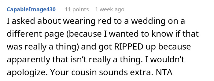 Comment text about a bride mad at cousin for wearing red dress to the wedding, calling the cousin extra.