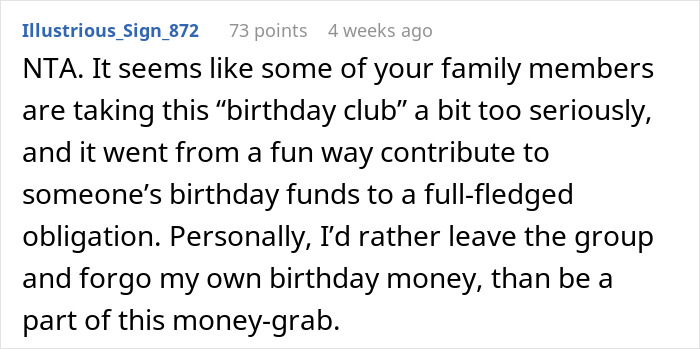 Comment discussing family conflicts over birthday money contributions in a group chat about birthday money and family.