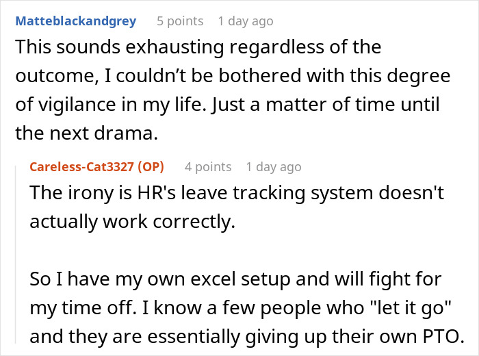 Screenshot of Reddit comments discussing an employee taking time off and issues with HR leave tracking systems.