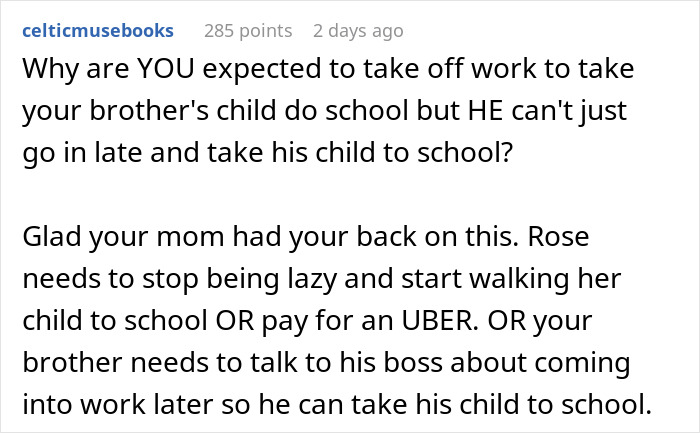 Reddit comment about woman refusing to take niece to school sparking family-wide meltdown and related frustrations.