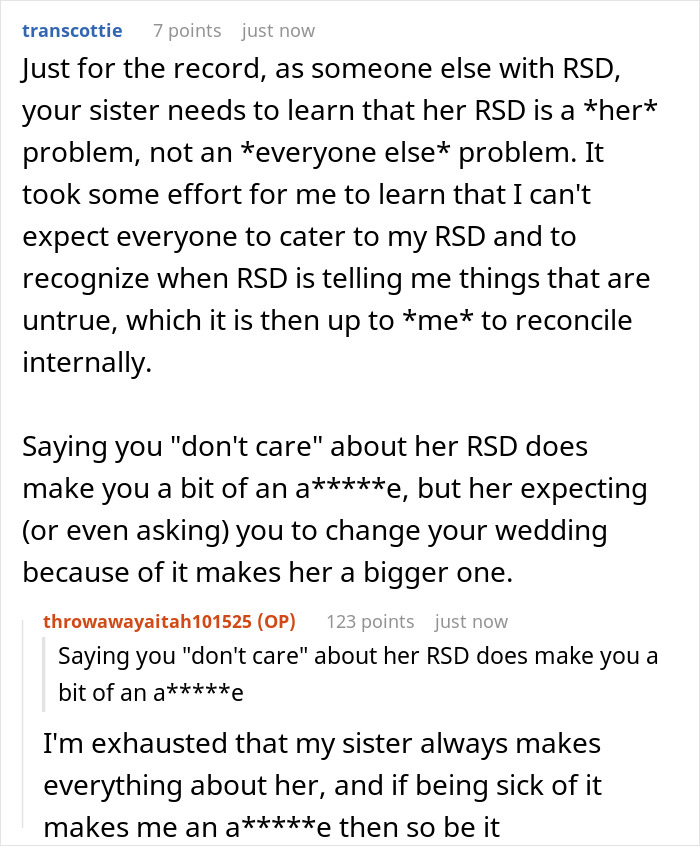 Reddit discussion about a guy rejecting his sister's idea for his big wedding amid rejection sensitive dysphoria conflict.