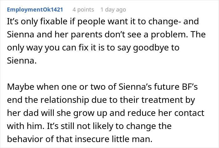 Screenshot of a comment discussing mocking a daughter's boyfriend and the dad's behavior in a family conflict. Screenshot of a comment discussing mocking a daughter's boyfriend and the dad's behavior in a family conflict.