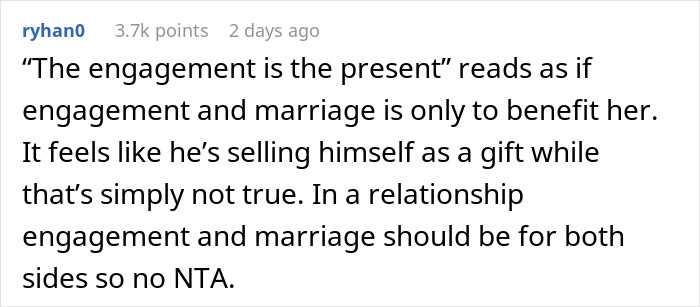 Comment from ryhan0 discussing engagement and marriage as a Christmas gift, highlighting relationship expectations and reality check.