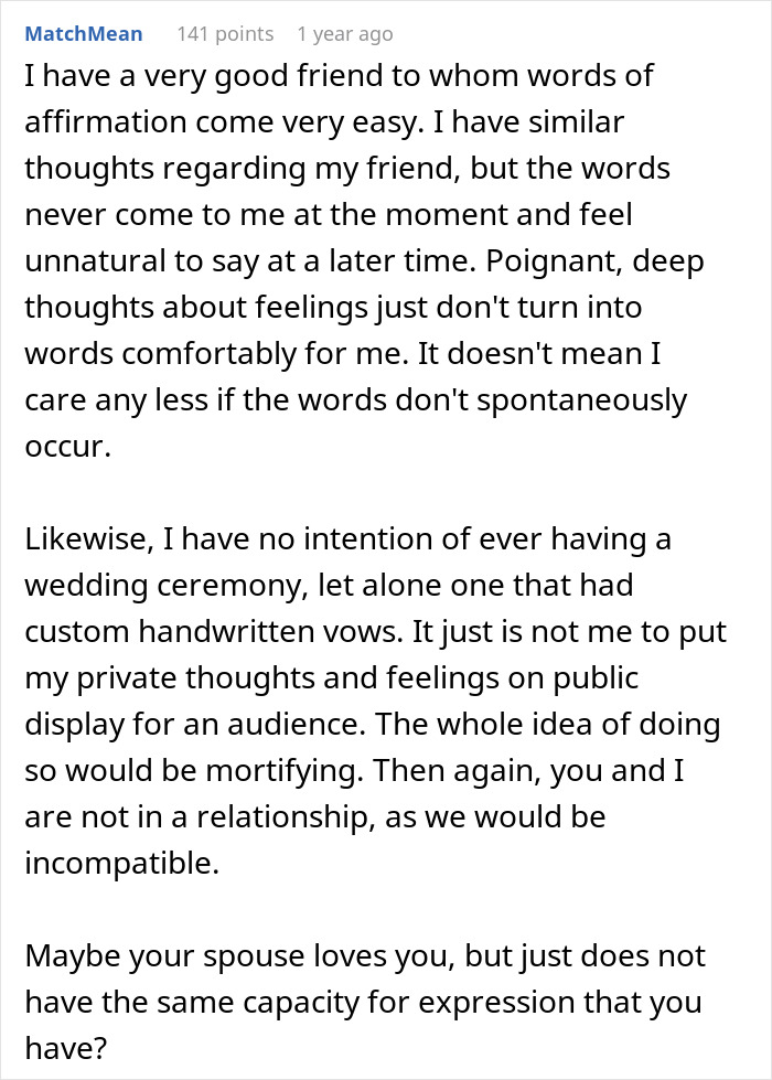 Comment about groom’s vows making wife cry and the complex feelings after discovering how he wrote them in a wedding context. Comment about groom’s vows making wife cry and the complex feelings after discovering how he wrote them in a wedding context.