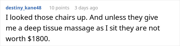 Screenshot of a comment discussing the value of an $1.8K office chair and skepticism about its worth. Screenshot of a comment discussing the value of an $1.8K office chair and skepticism about its worth.