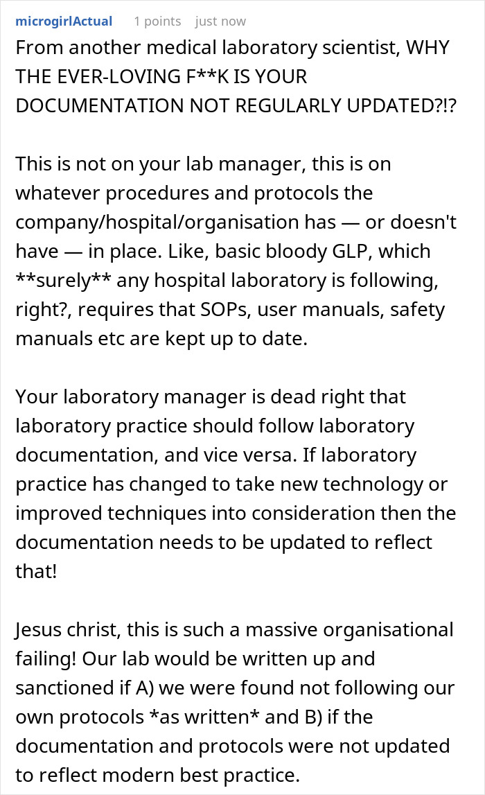 Screenshot of a forum post discussing documentation updates and following procedures by the book in a workplace setting.