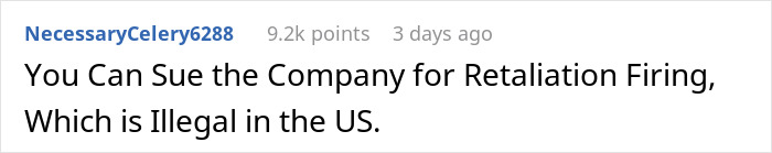 Comment about suing company for retaliation firing, highlighting job loss related to pricey $1.8K office chair conflict. Comment about suing company for retaliation firing, highlighting job loss related to pricey $1.8K office chair conflict.