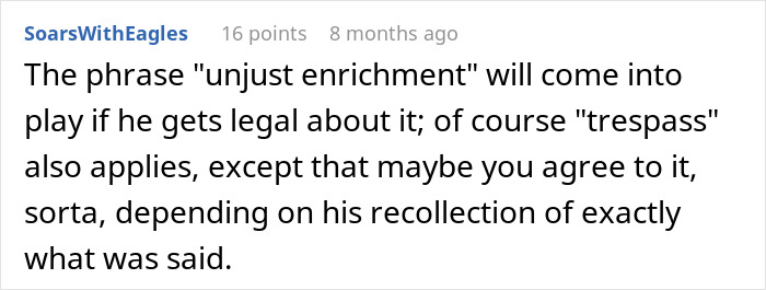Comment discussing legal concepts of unjust enrichment and trespass in neighbor&rsquo;s fence replacement dispute.